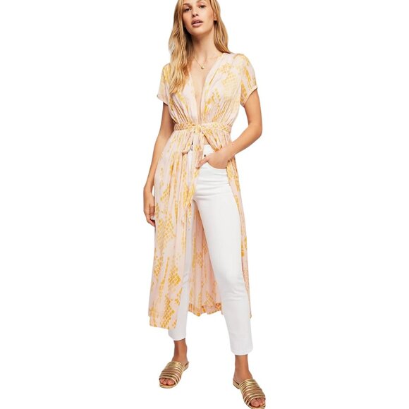 Free People Tops - Free People Satin Kimono Duster Robe Top Womens Large Pink Long